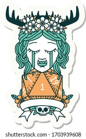 sticker of a crying orc druid character with natural one roll