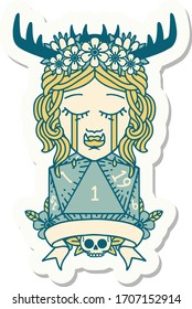 sticker of a crying orc druid character with natural one roll