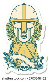 sticker of a crying orc fighter character face with natural one D20 roll