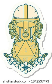 sticker of a crying orc fighter character with natural one D20 roll