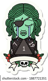 sticker of a crying orc rogue character with natural one roll