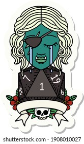 sticker of a crying orc rogue character with natural one roll