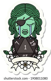 sticker of a crying orc rogue character with natural one roll