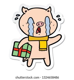 sticker of a crying pig cartoon delivering christmas present
