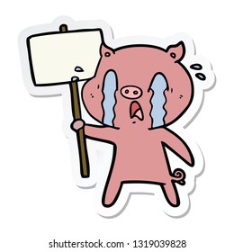 sticker of a crying pig cartoon with protest sign