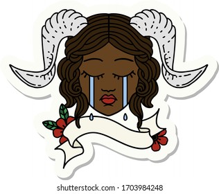 sticker of a crying tiefling character face with scroll banner