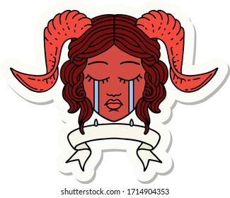 sticker of a crying tiefling character face with scroll banner