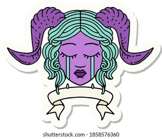 sticker of a crying tiefling character face with scroll banner