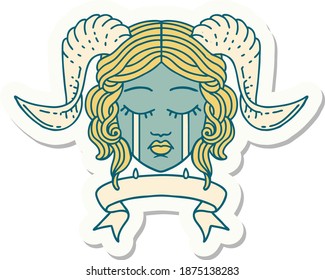 sticker of a crying tiefling character face with scroll banner