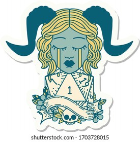 sticker of a crying tiefling with natural one D20 dice roll