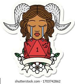 sticker of a crying tiefling with natural one D20 dice roll