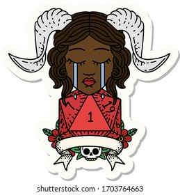 sticker of a crying tiefling with natural one D20 dice roll