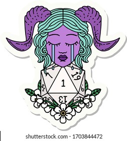 sticker of a crying tiefling with natural one D20 dice roll