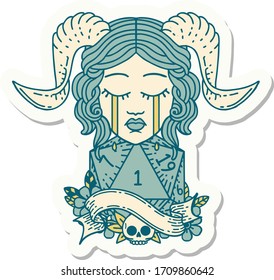sticker of a crying tiefling with natural one D20 dice roll