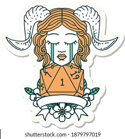 sticker of a crying tiefling with natural one D20 dice roll