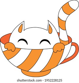 Sticker cup of coffee, happy cat in a cup of coffee, sticker, hand drawing, black contour.