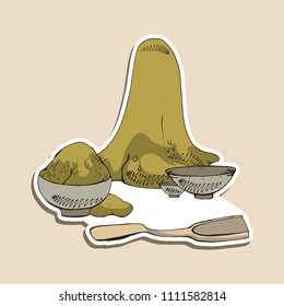 Sticker of cup with dry grass, with tea. Colorful hand drawn vector stock illustration.