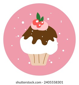 Sticker with cupcake and berries in snow or sprinkles. Flat style. Vector illustration.