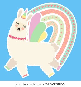 Sticker cute alpaca unicorn with boho rainbow. Cartoon dreaming llama with horn and wings flying in the sky, vector illustration. Childish design element for greeting cards, invitations, t-shirts.