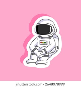 Sticker of Cute Astronaut Sitting with a Pink Background