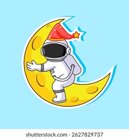 Sticker of Cute Astronaut Sleeping in the Moon Vector Illustration Cartoon Design