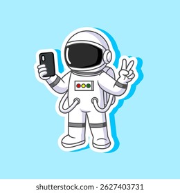 Sticker of Cute Astronaut Taking a Selfie in Space Vector Illustration Cartoon Design