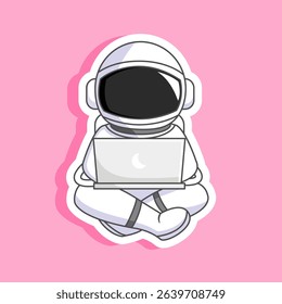 Sticker of Cute Astronaut Working on Laptop in Space Vector Illustration Cartoon Design	
