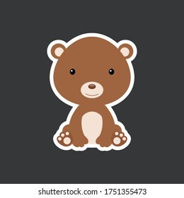 Sticker of cute baby bear sitting. Adorable woodland animal character for design of album, scrapbook, card, poster, invitation. Flat cartoon colorful vector illustration.