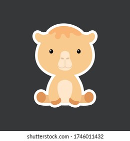 Sticker of cute baby camel sitting. Adorable safari animal character for design of album, scrapbook, card, poster, invitation. Flat cartoon colorful vector illustration.