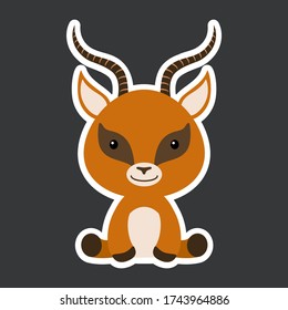 Sticker of cute baby gazelle sitting. Adorable safari animal character for design of album, scrapbook, card, poster, invitation. Flat cartoon colorful vector illustration.
