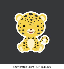 Sticker of cute baby jaguar sitting. Adorable jungle animal character for design of album, scrapbook, card, poster, invitation. Flat cartoon colorful vector illustration.