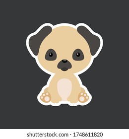 Sticker of cute baby pug dog sitting. Adorable domestic animal character for design of album, scrapbook, card, poster, invitation. Flat cartoon colorful vector illustration.