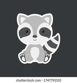 Sticker of cute baby raccoon sitting. Adorable woodland animal character for design of album, scrapbook, card, poster, invitation. Flat cartoon colorful vector illustration.