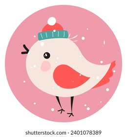 Sticker of a cute bird in a hat with snow. Flat style. Vector illustration.