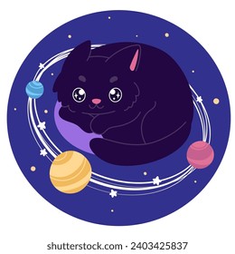 A sticker with a cute black cat character that looks like a planet with satellites in space around the stars. Vector illustration with a fantasy story for children's creativity.