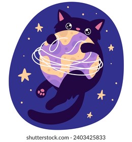 Ein Aufkleber mit einer süßen schwarzen Katze im Weltraum, der mit dem Planeten spielt wie ein Faden-Ball. Vektorgrafik für Kinder mit einer Fantasiegeschichte zum Thema Raum, Galaxie, Schwerelosigkeit.