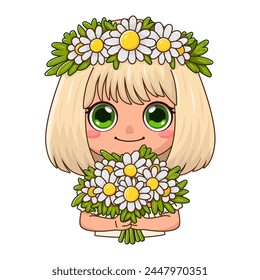 Sticker with a cute blonde girl with a wreath of daisies on her head and holding a bouquet of flowers. Hello summer. Smiling adorable character in cartoon style. Vector illustration isolated on white.