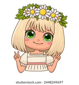 Sticker with a cute blonde girl with a wreath of daisies on her head and showing a gesture of peace, victory. Smiling adorable character in cartoon style. Vector illustration isolated on white.