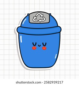 Sticker of Cute Blue Recycling Bin character. Vector hand drawn cartoon kawaii character illustration icon. Isolated checkered notebook background. Playful Blue Recycling Bin Cartoon