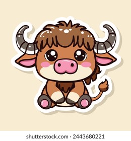 Sticker of cute Buffalo, tiny small wild animal, Isolated on colored background, flat vector illustration 