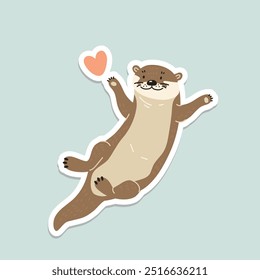 sticker Cute cartoon otter with heart, Vector illustration in flat style