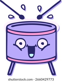sticker of a cute cartoon playing drum in bright neon color