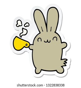 sticker of a cute cartoon rabbit drinking coffee