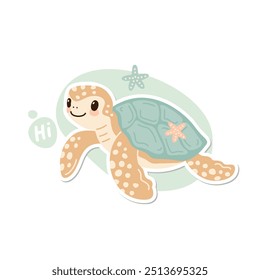 sticker cute cartoon sea turtle on blue background , illustration flat style