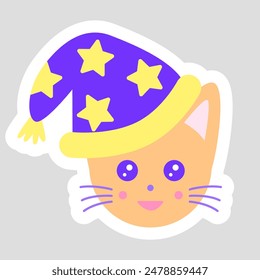 Sticker with cute cat head in a wizards magic hat, cartoon style vector for kids