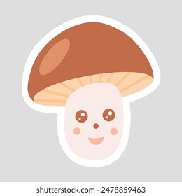 Sticker with cute cheerful mushroom, cartoon style vector for kids