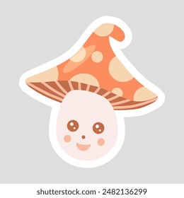 Sticker with cute cheerful mushroom with spotted cap, cartoon style vector for kids