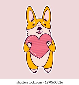 Sticker cute corgi with heart. Vector illustration. Eps 10.