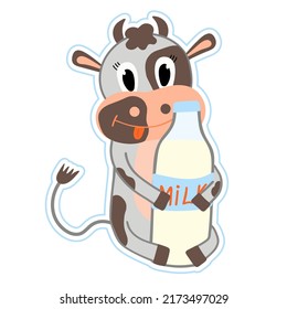 Sticker of a cute cow holding a bottle of milk. Cartoon flat vector illustration. Milk day. Design or sticker.