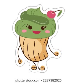 Sticker with cute cupcake character. Cartoon vector color illustration.